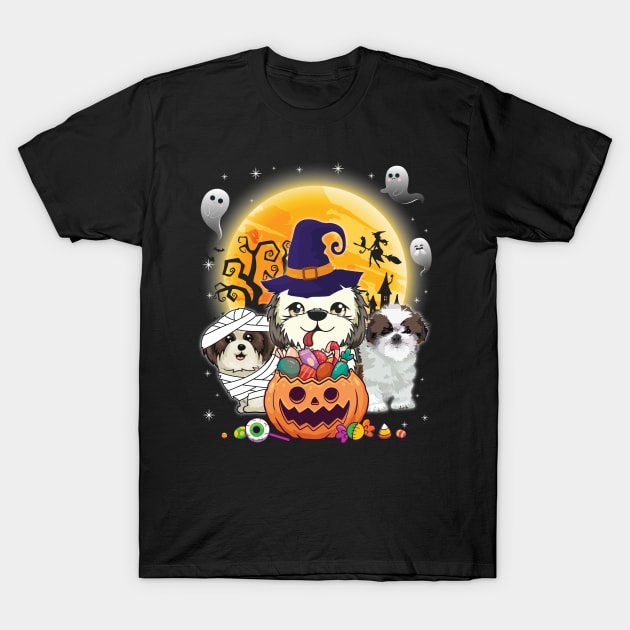 Shih Tzu Dog Mummy Witch Moon Ghosts Happy Halloween Thanksgiving Merry Christmas Day T-Shirt by joandraelliot